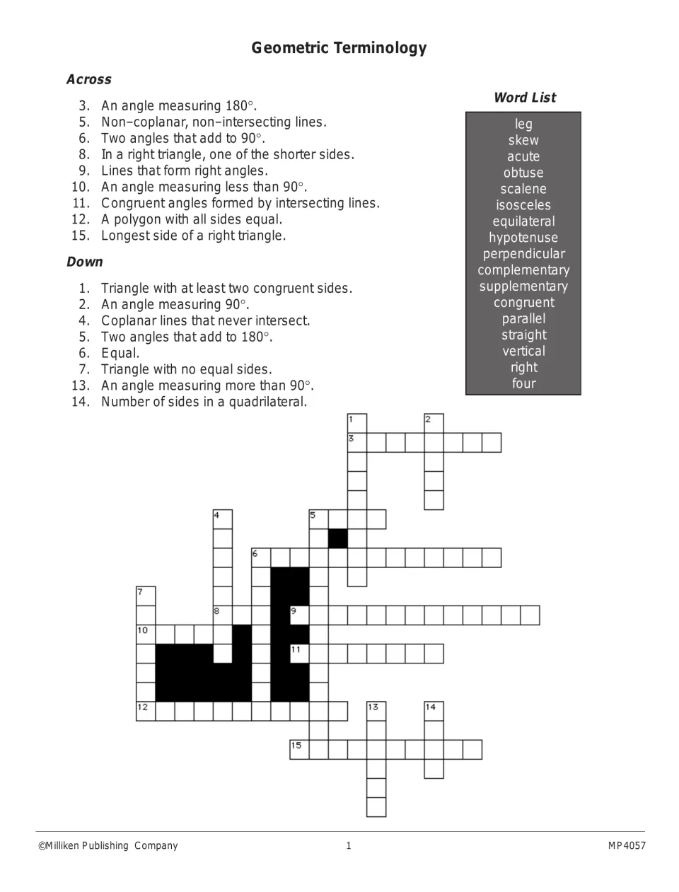 Geometry vocabulary worksheet: a crossword using clues for angle types, triangle sides, and parallel lines