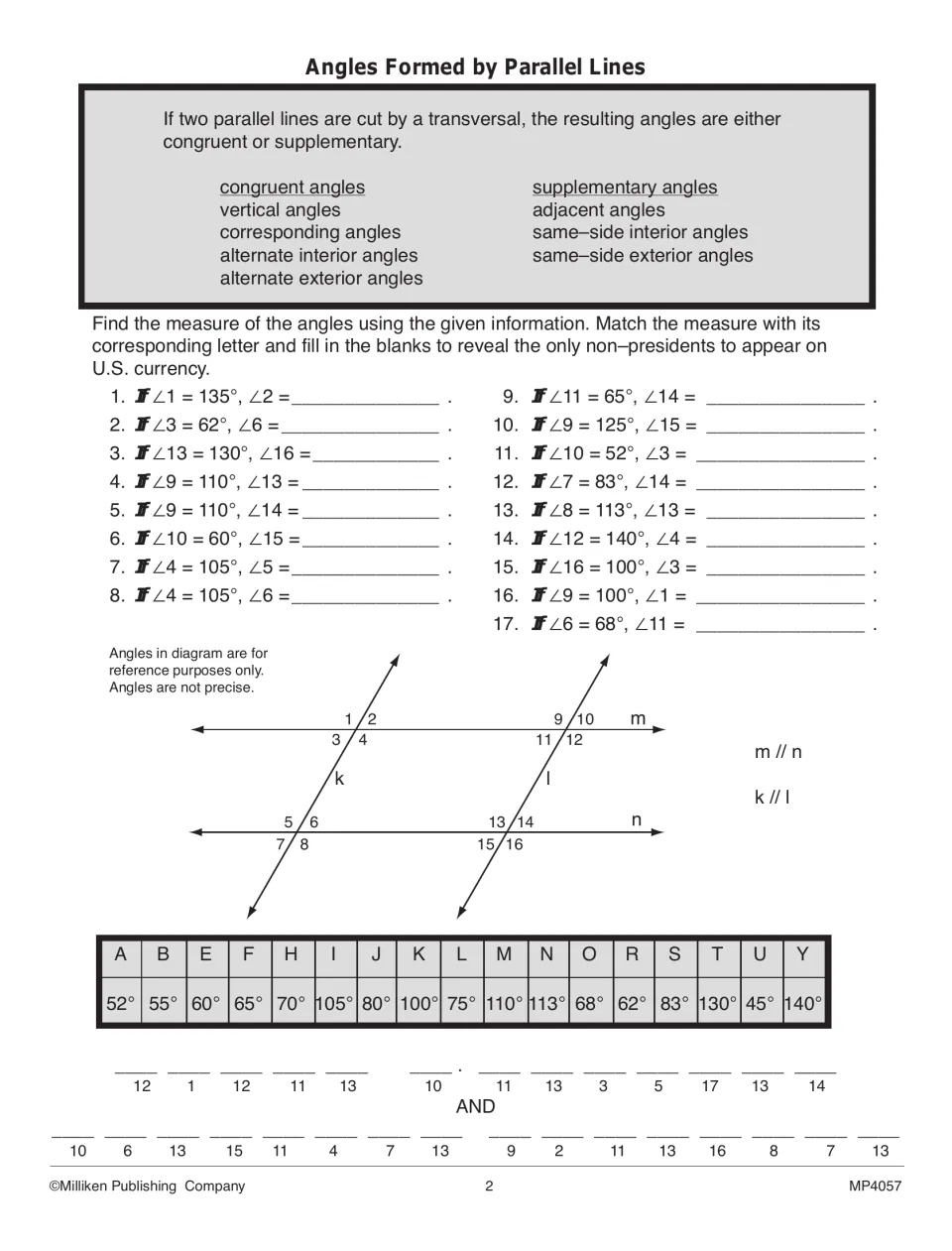 Parallel-line angle worksheet: 17 problems use congruent and supplementary angles to decode currency names