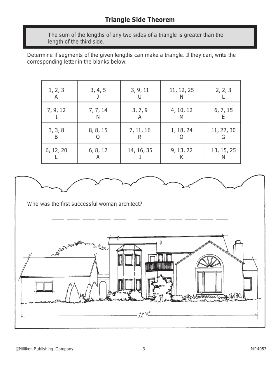 Triangle side theorem worksheet: test 20 sets of side lengths to reveal the name of a woman architect