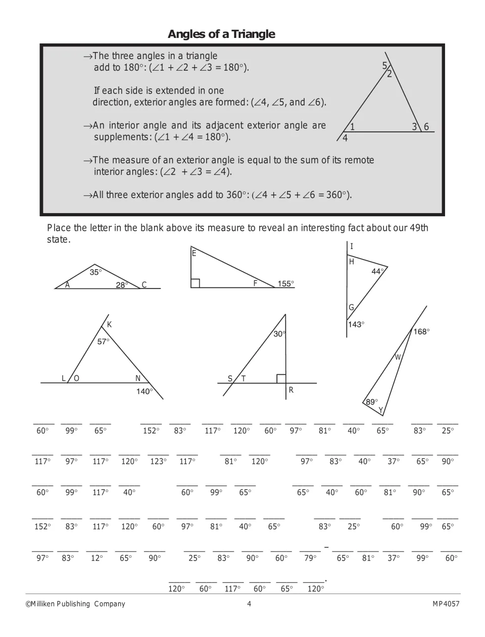 Triangle angle worksheet: find interior and exterior angles in six diagrams to decode a fact about Alaska
