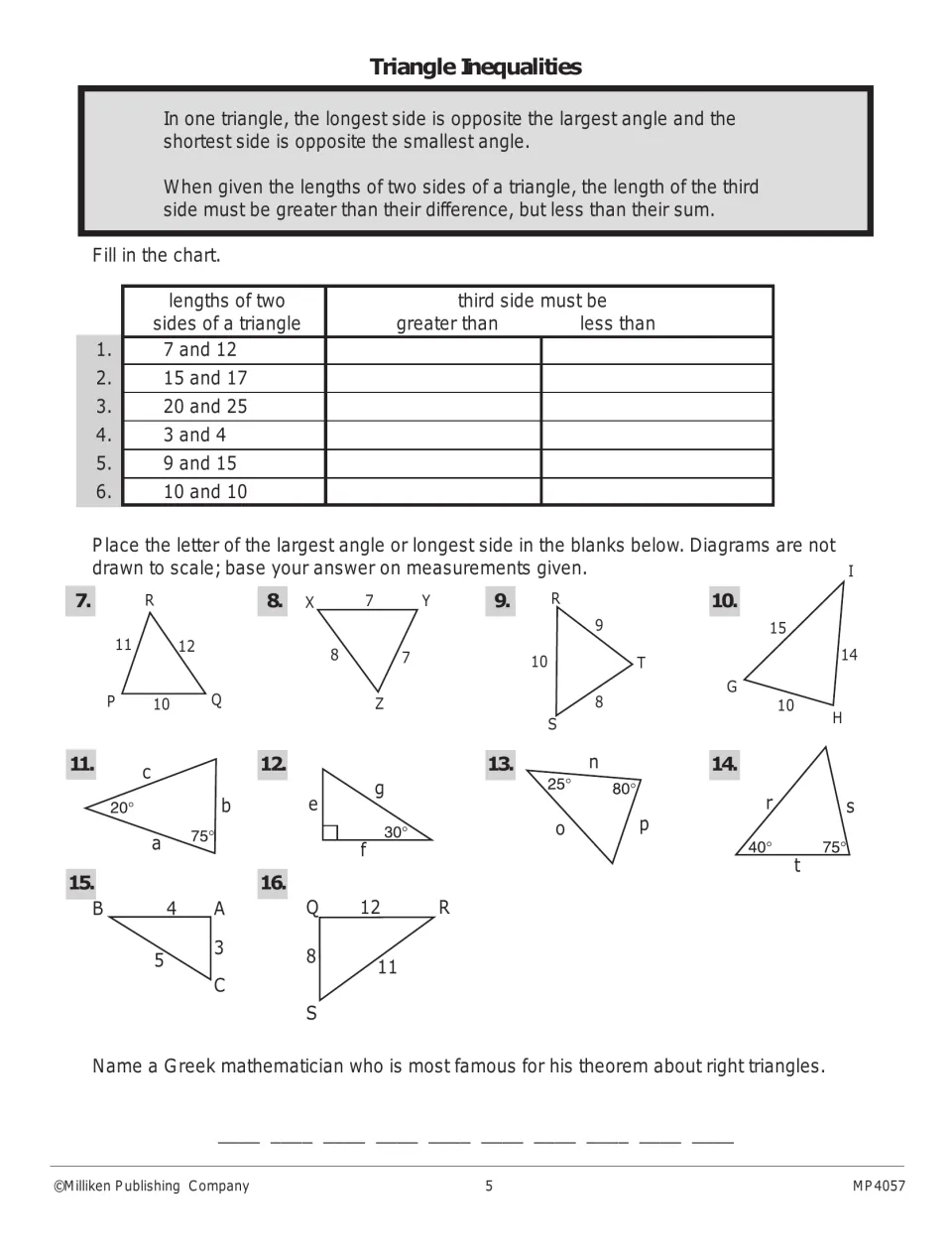 Triangle inequalities worksheet: find third-side limits and identify the largest angles or longest sides
