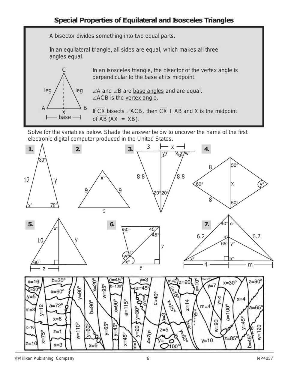 Equilateral and isosceles triangle worksheet: solve seven diagram problems and shade answers to reveal a name