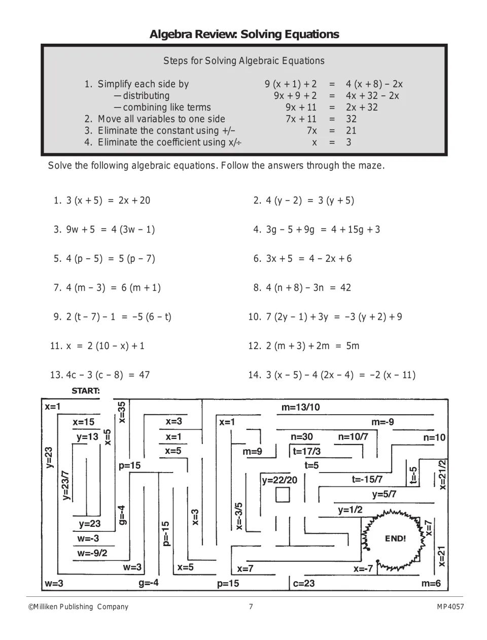 Algebra review worksheet: solve 14 equations using distribution and like terms, then follow an answer maze