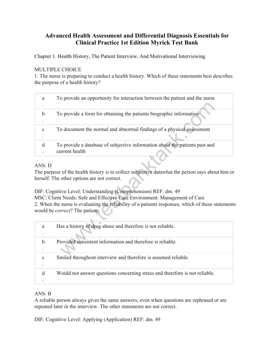 Chapter 1 test bank questions 1–2 cover the purpose of a health history and reliability of patient responses.