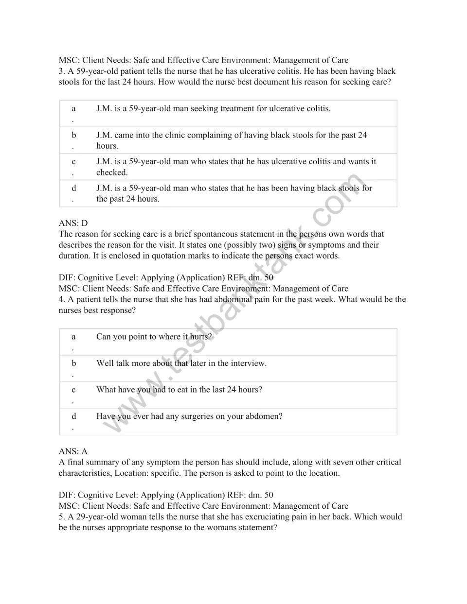Test bank questions 3–5 address documenting black stools, locating abdominal pain, and assessing back pain.