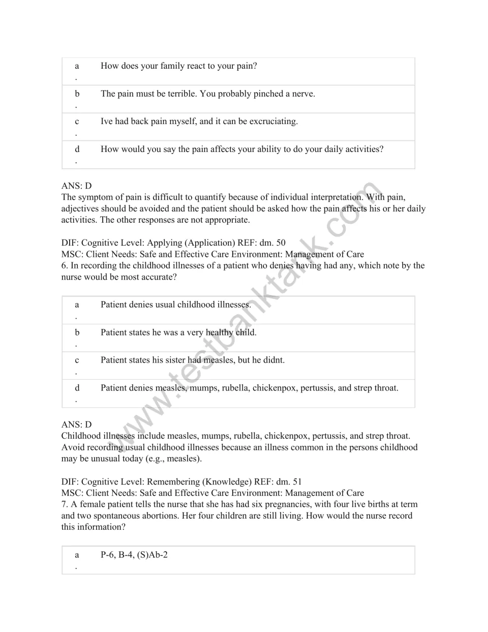 Test bank questions 5–7 cover pain's effect on daily activities, childhood illnesses, and pregnancy history.
