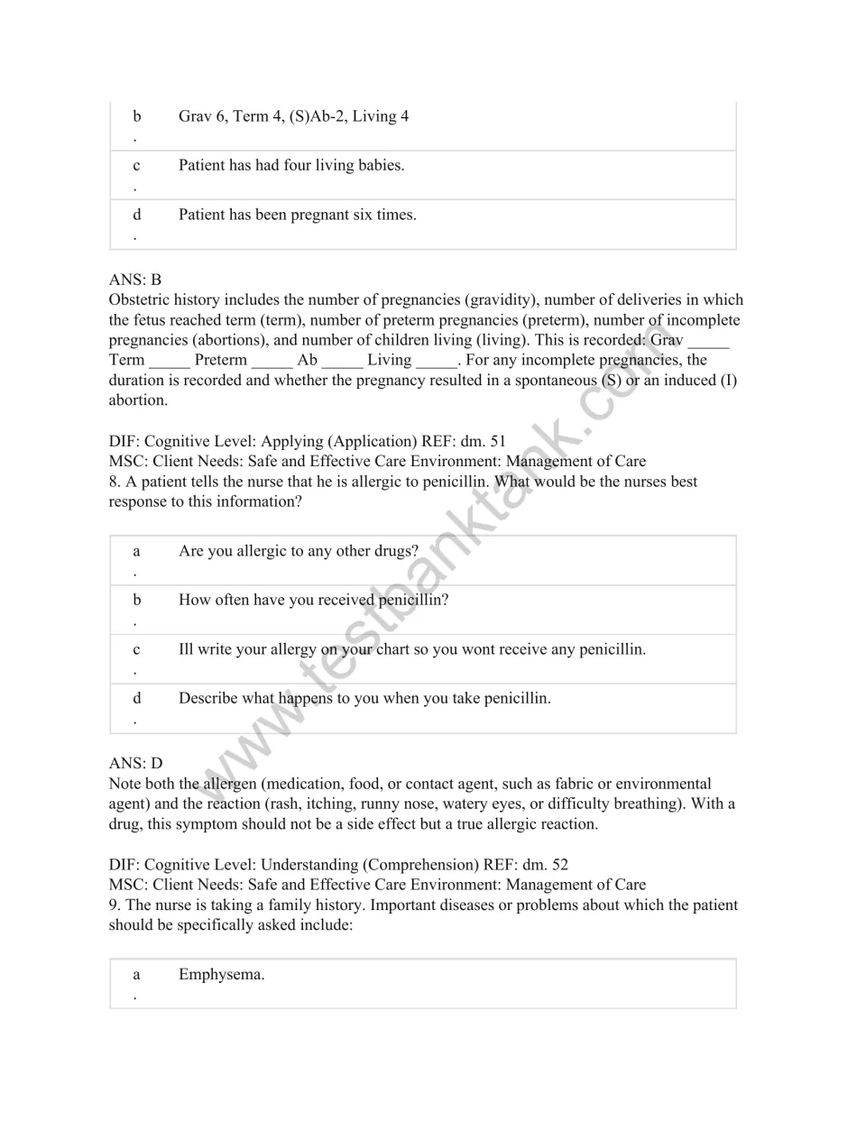 Test bank questions 7–9 cover recording obstetric history, clarifying penicillin allergy, and family history.