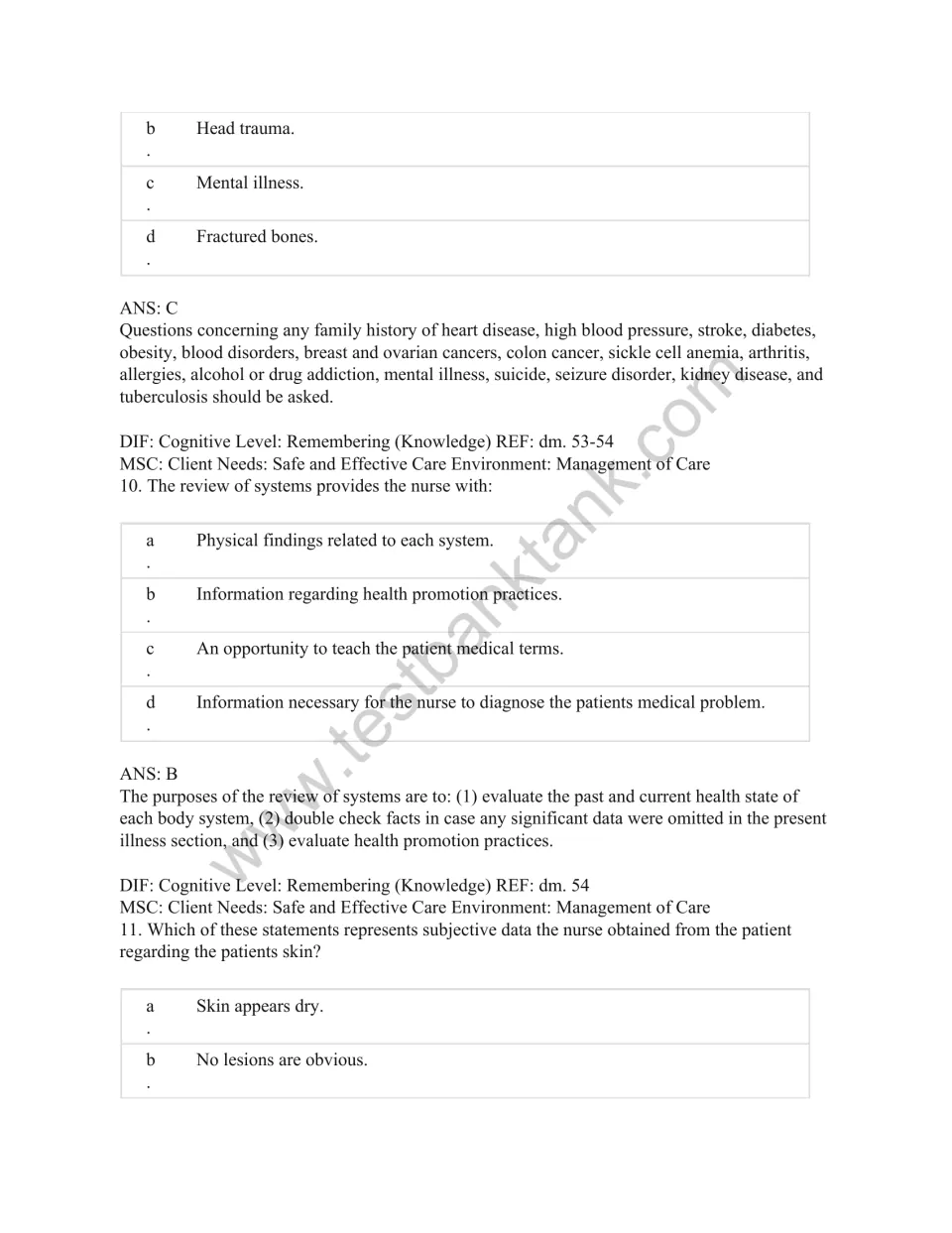 Test bank questions 9–11 address mental illness in family history, review of systems, and subjective skin data.
