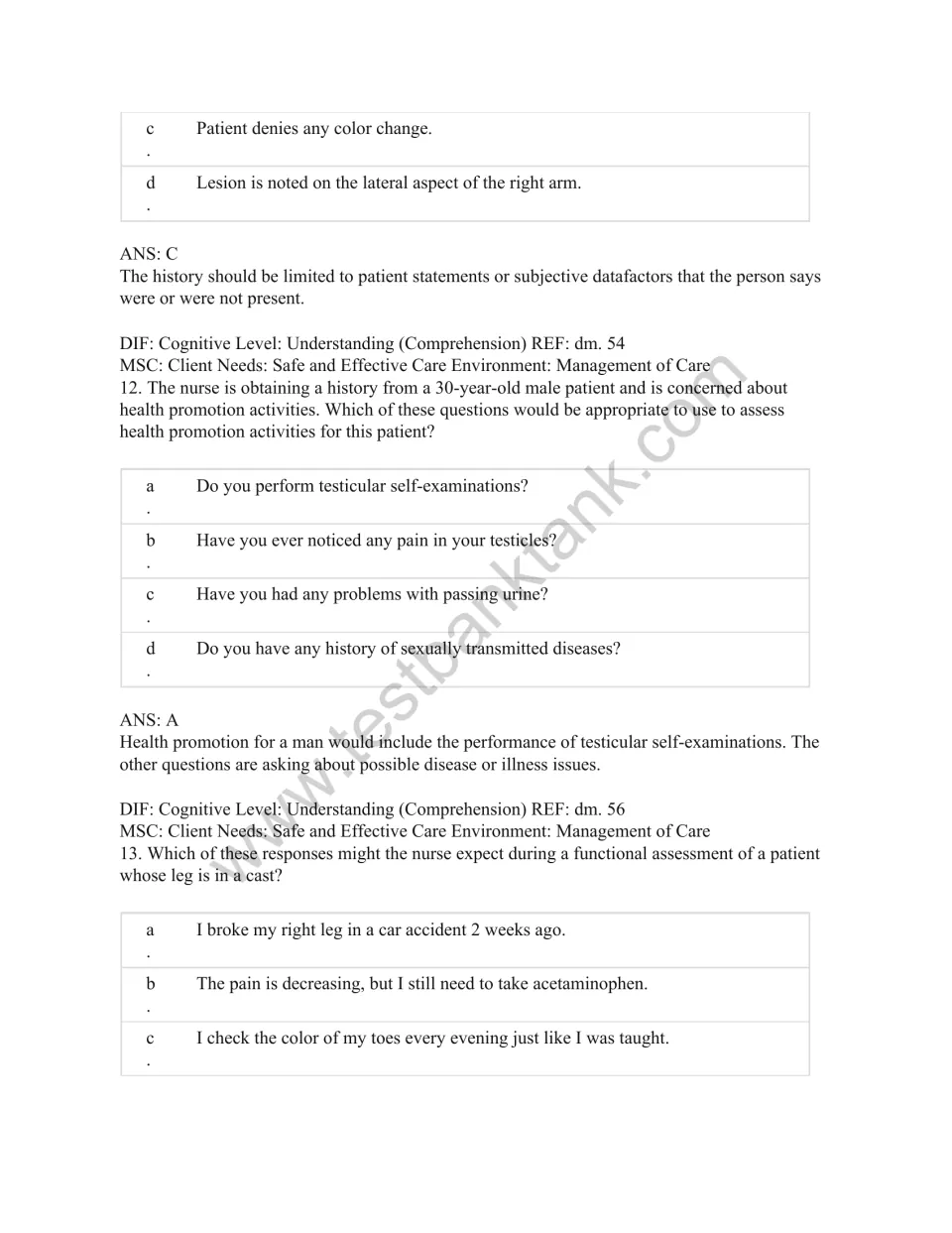Test bank questions 11–13 cover subjective skin data, men's health promotion, and assessment of a leg in a cast.