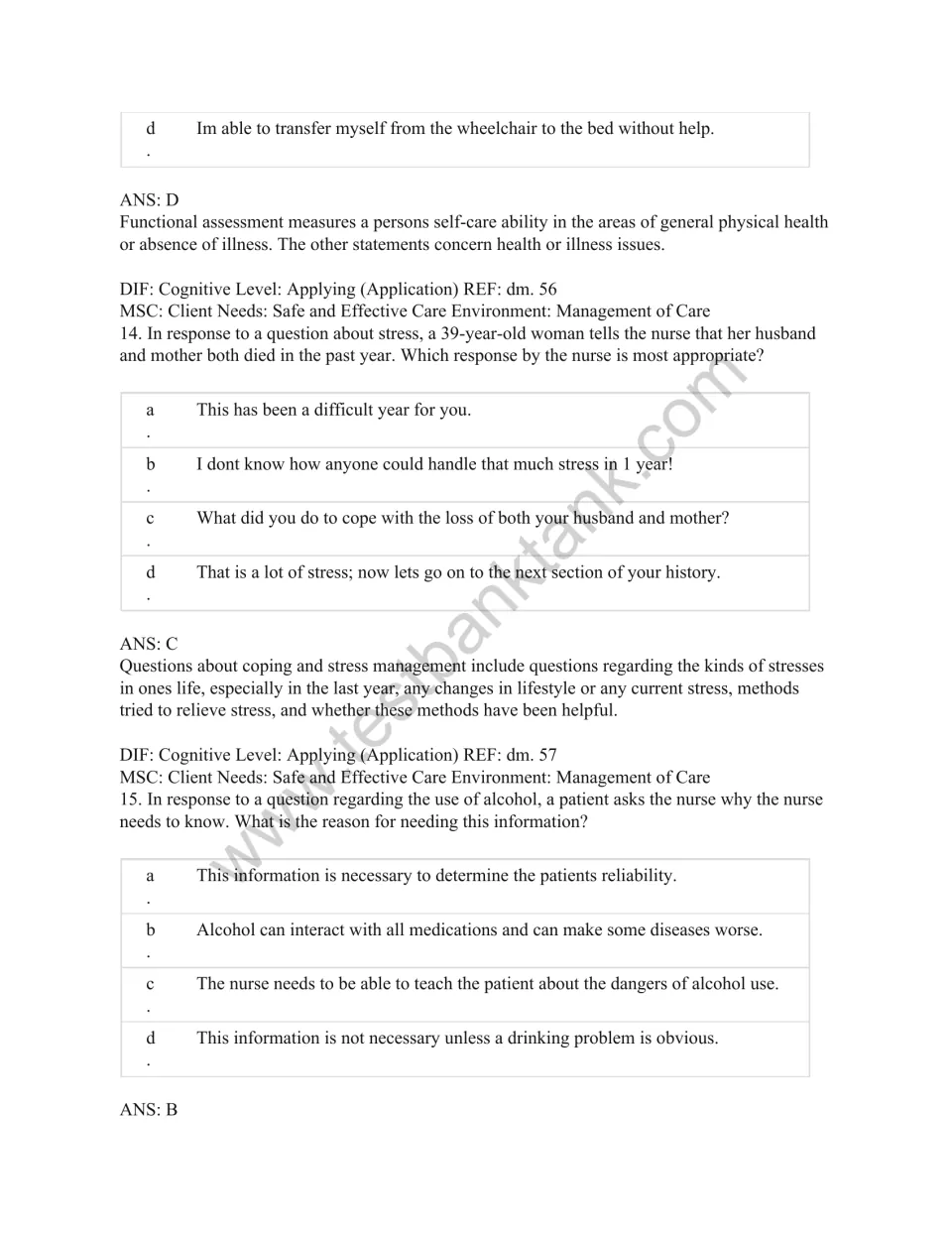 Test bank questions 13–15 address independent transfers, coping with family deaths, and asking about alcohol use.