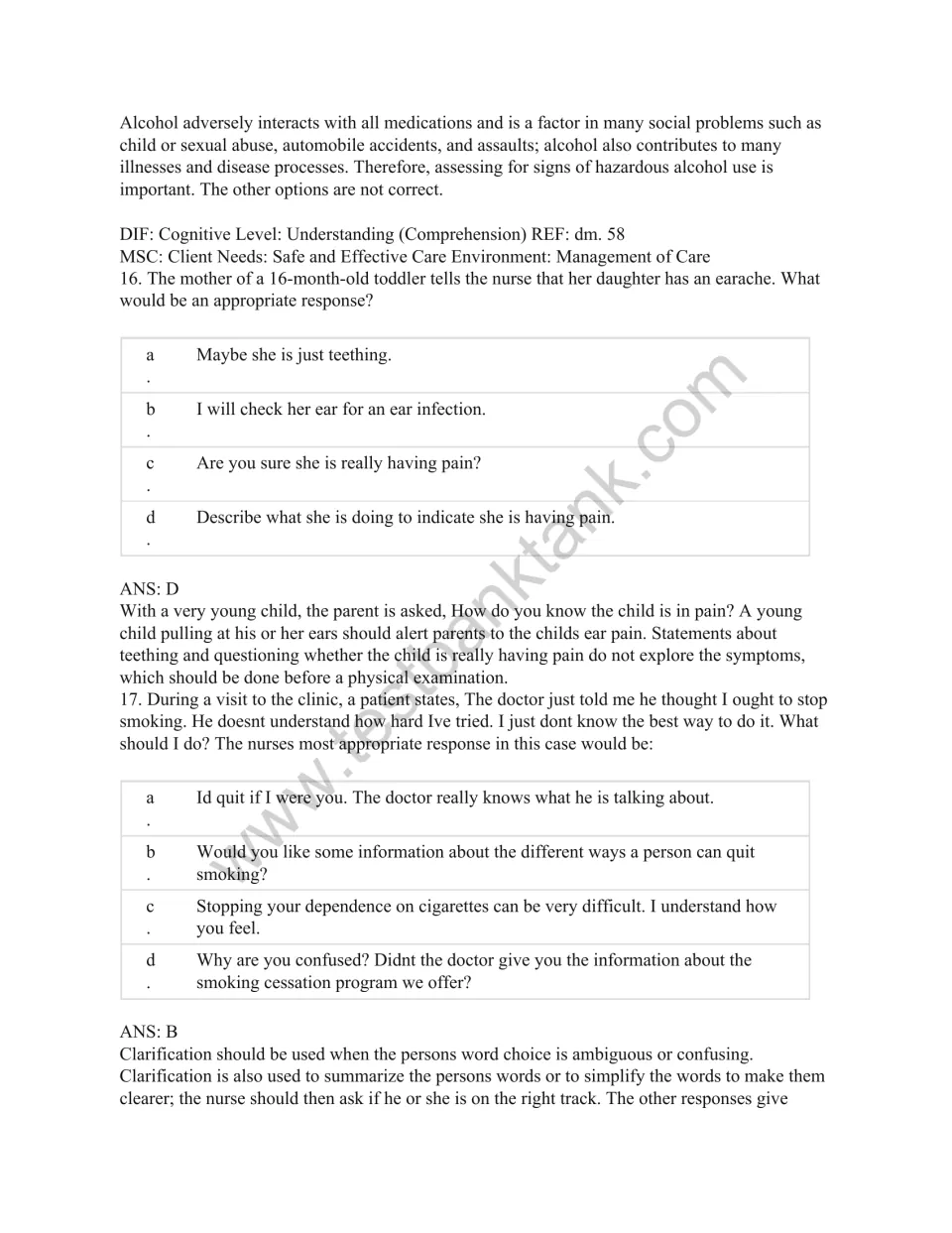 Test bank page continues the alcohol rationale and presents questions 16–17 on toddler pain and smoking.