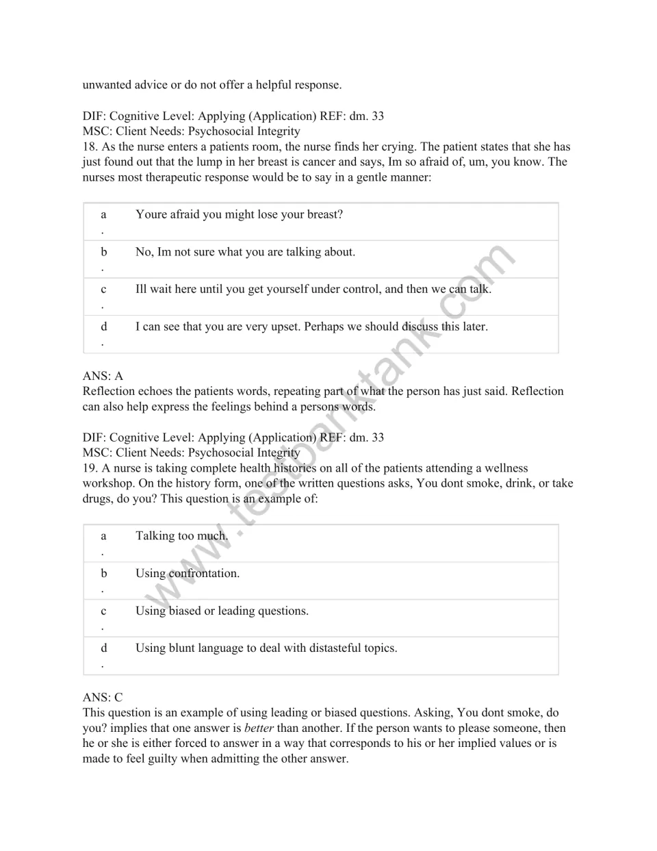 Test bank questions 18–19 examine therapeutic responses to cancer fears and leading health history questions.