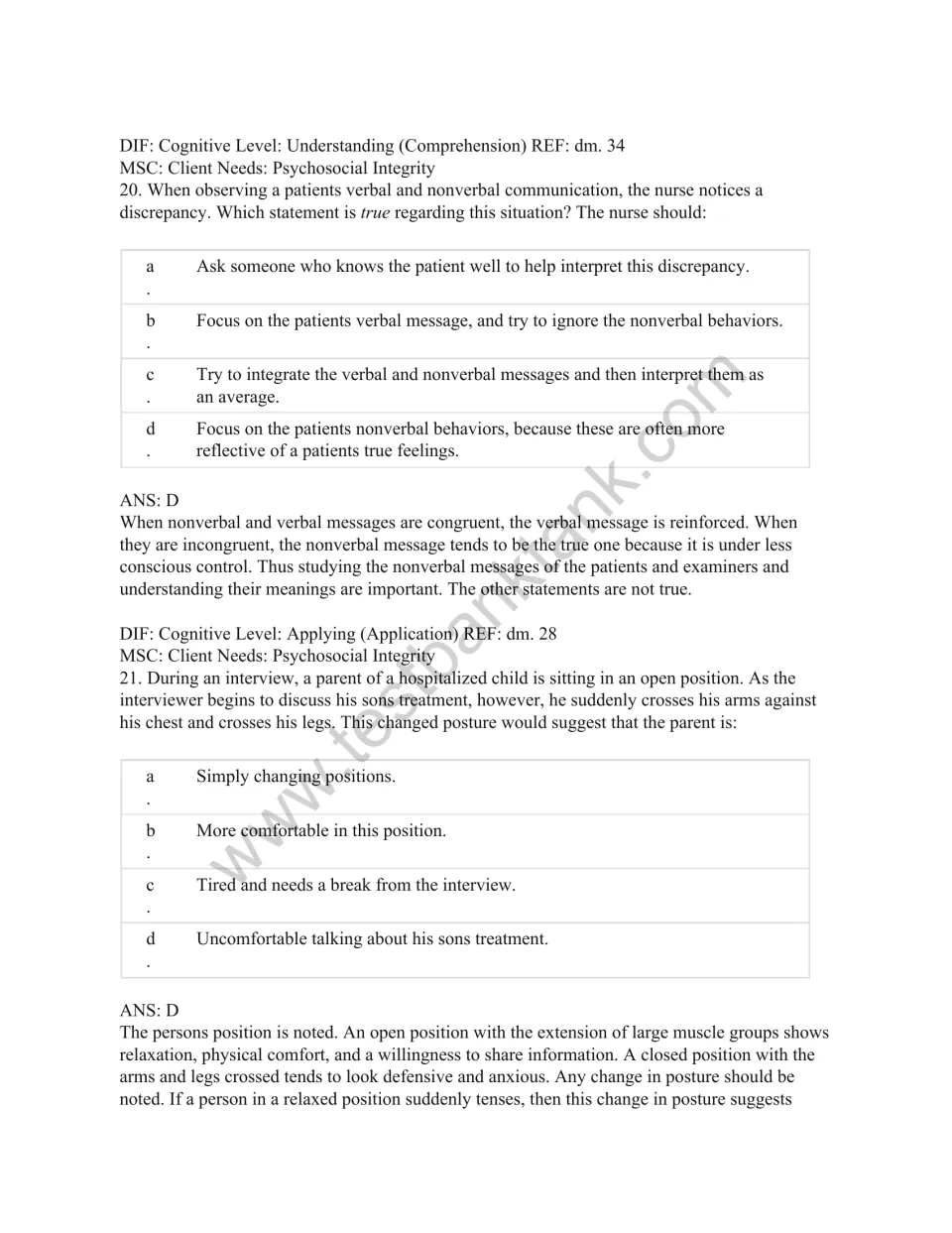 Test bank questions 20–21 address conflicting verbal and nonverbal messages and a parent's change in posture.