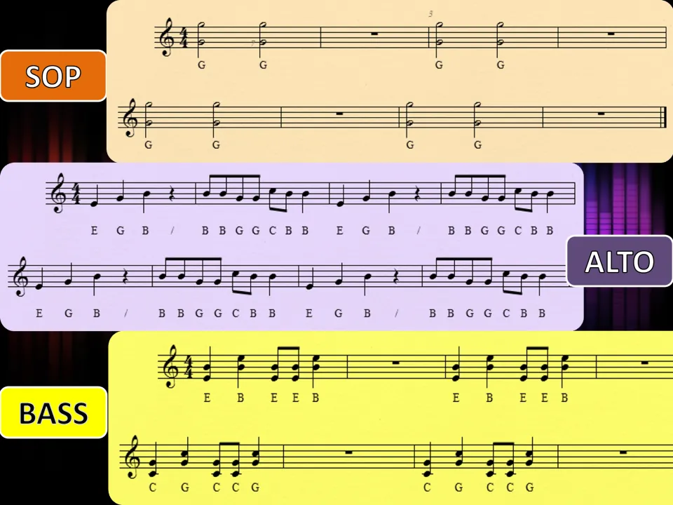 Untitled arrangement intro in E minor: soprano G dyads, alto E-G-B line and bass E-B and C-G, with note letters