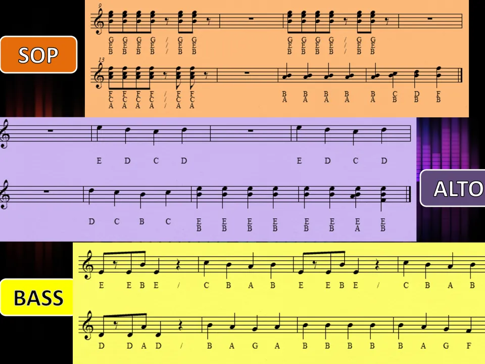 Untitled arrangement measures 9–16: rhythmic soprano chords, alto E-D-C-D melody and bass E-B-E line