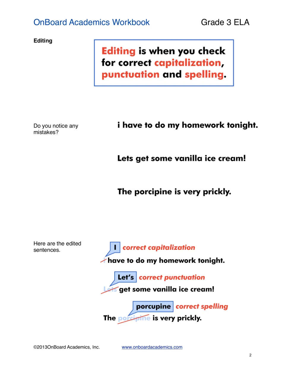 Editing defined as checking capitalization, punctuation and spelling; three sentences with errors shown, then corrected