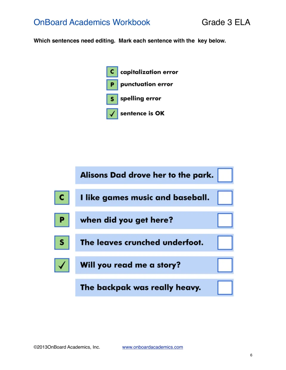 Error identification: students mark six sentences with C, P, S or a check for capitalization, punctuation, spelling or OK
