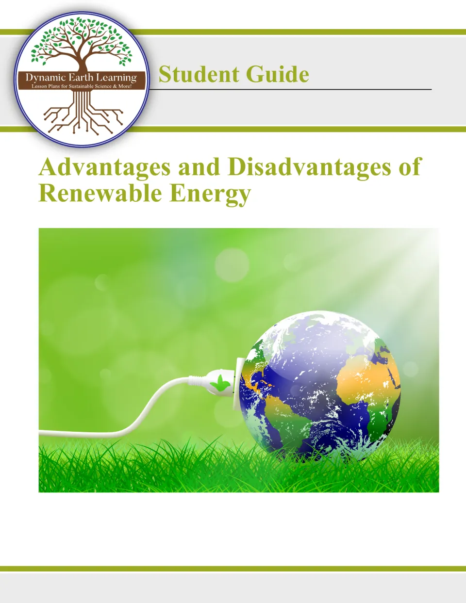 Renewable energy student guide cover from Dynamic Earth Learning, showing a power cord plugged into Earth on grass