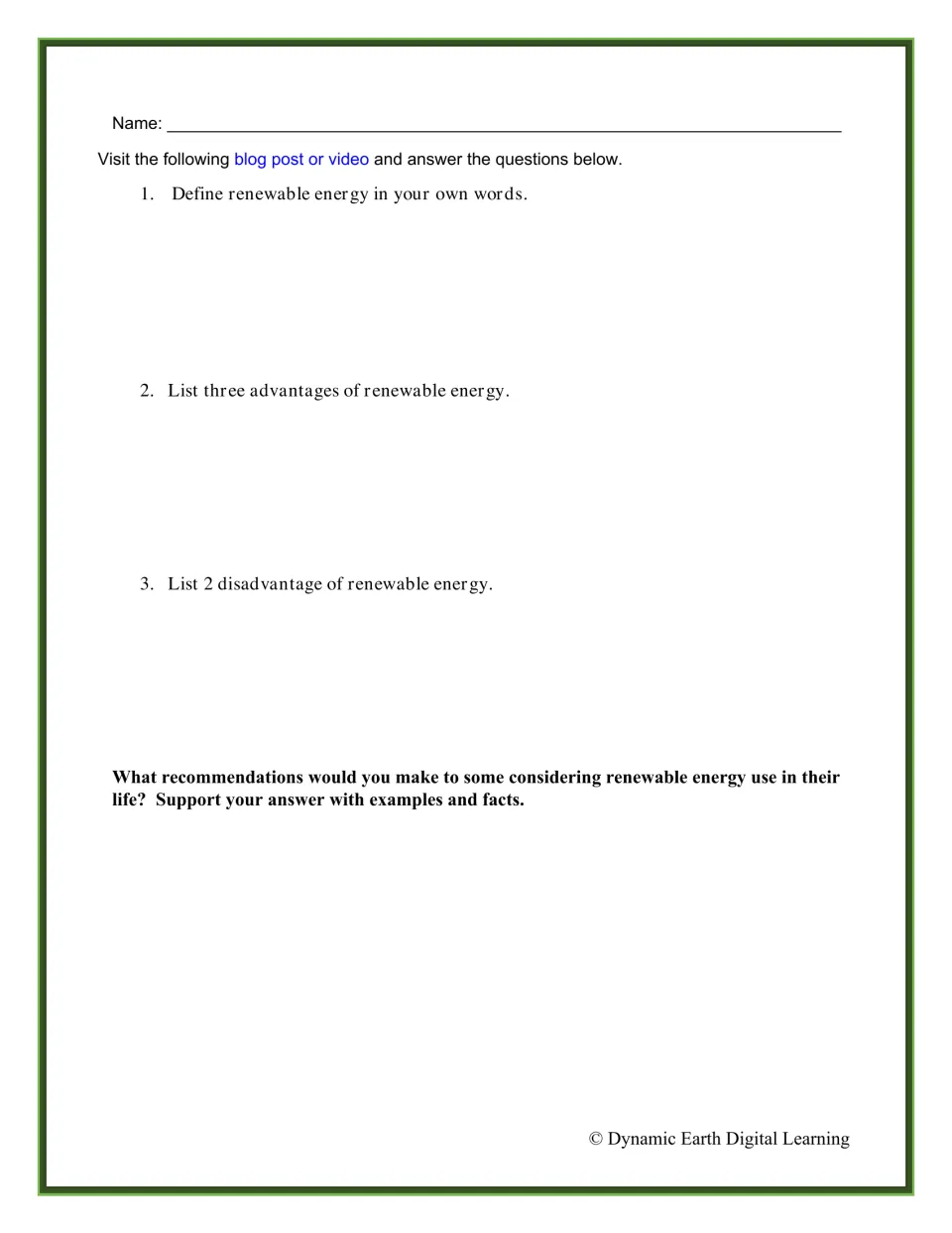 Renewable energy response questions: students define it, list 3 advantages and 2 disadvantages, and make recommendations