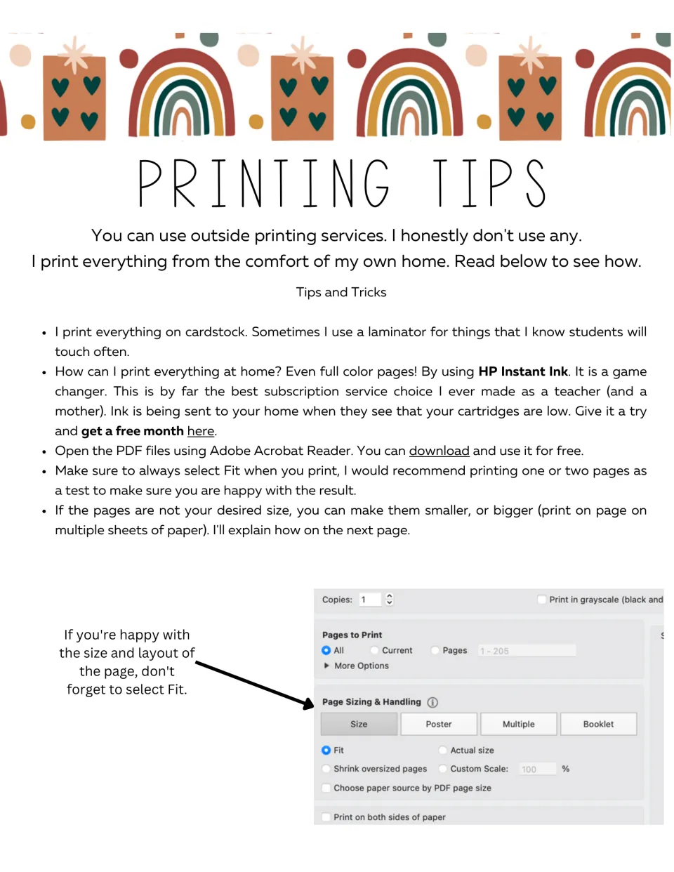 Advent calendar printing tips recommend cardstock, Adobe Acrobat Reader, and the Fit print setting.
