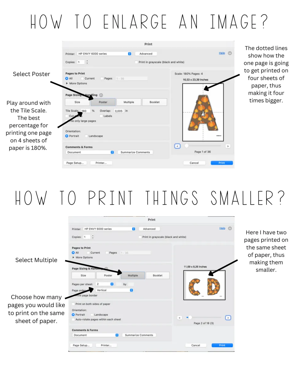 Advent calendar resizing guide explains Poster printing to enlarge pages and Multiple to print them smaller.