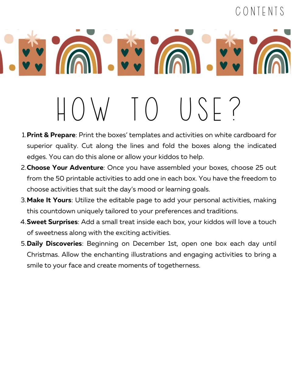 Advent calendar directions explain assembling boxes, choosing 25 activities, and opening one daily from December 1.