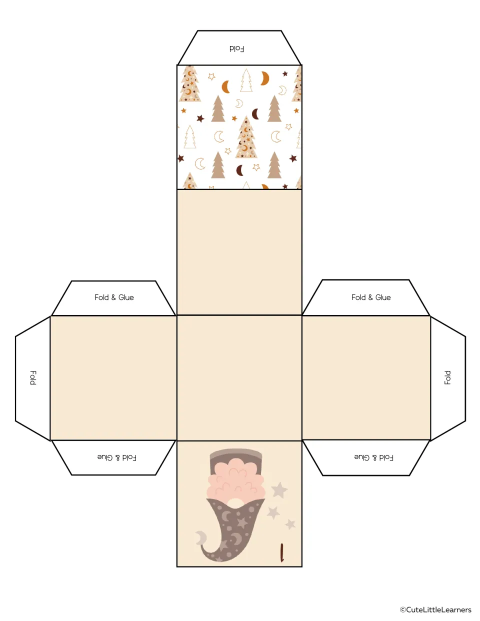 Advent calendar box 1 template features a gnome and Christmas tree pattern, with Fold and Fold & Glue labels.