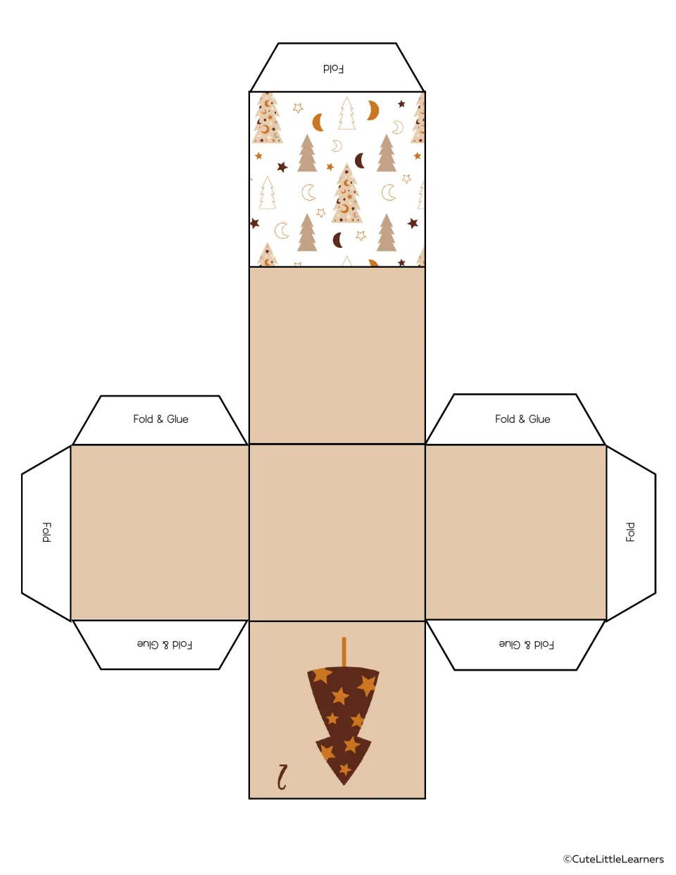 Advent calendar box 2 template features a star-covered Christmas tree, with Fold and Fold & Glue labels.