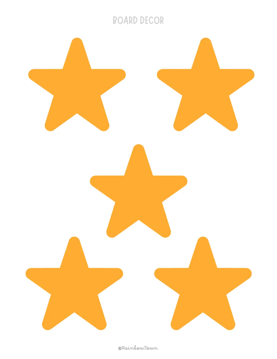 Five orange-yellow stars to print and cut out as sky accents for a camping-themed bulletin board display