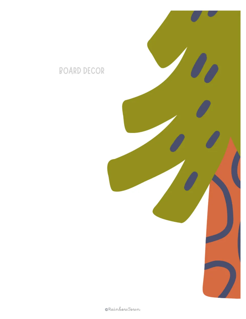 Cut-out piece: left half of a tree with olive-green fronds and an orange patterned trunk, cut off at the edge