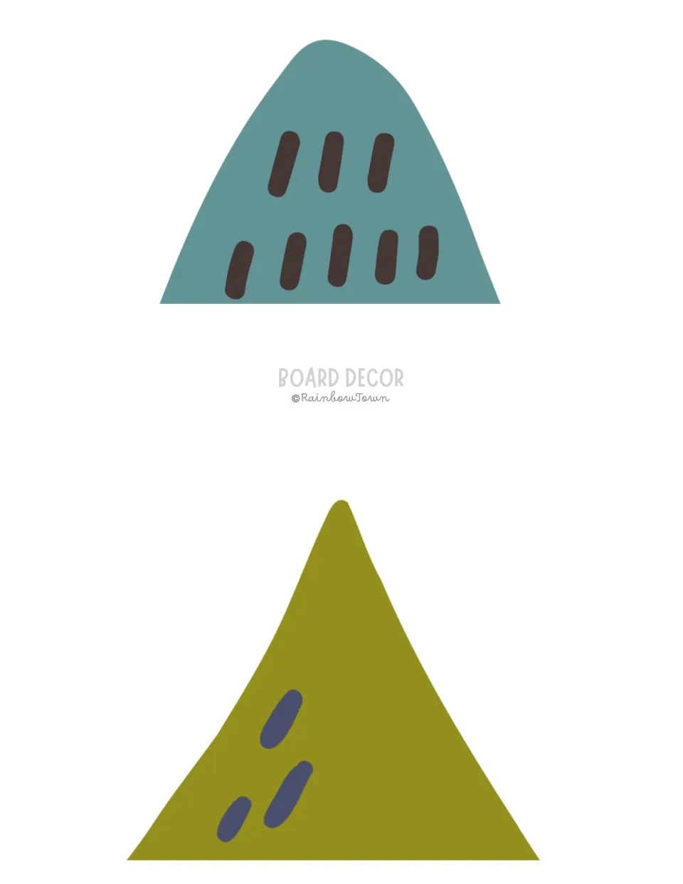 Two mountain cut-outs, a rounded teal peak with brown dash marks and a pointed olive peak, for the scenery