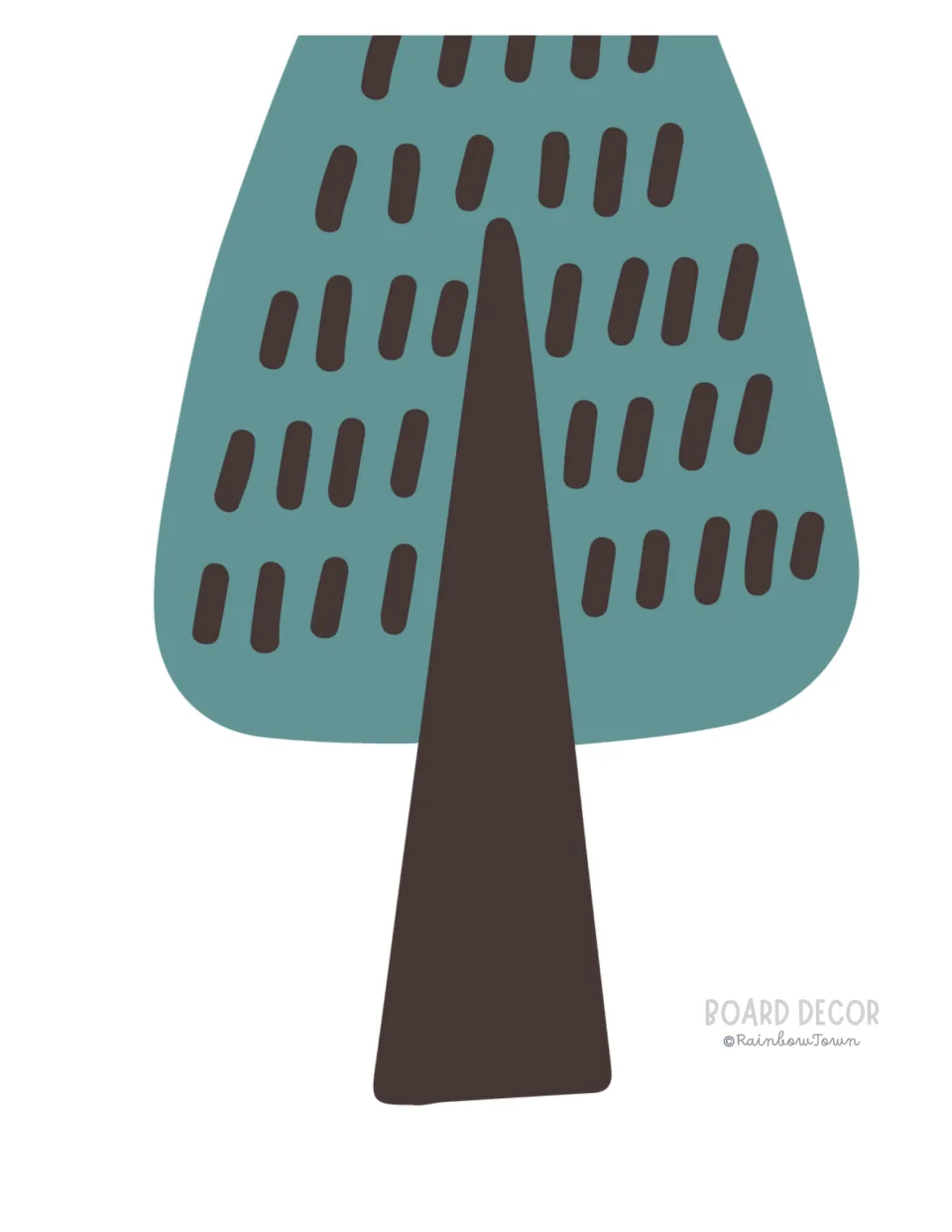 Teal tree cut-out with a tall brown triangular trunk and rows of brown dash marks across the leafy crown