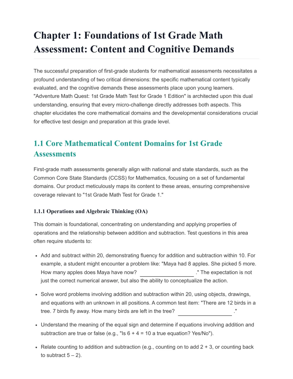 Chapter 1 opens with assessment content: addition and subtraction within 20, word problems, and equations