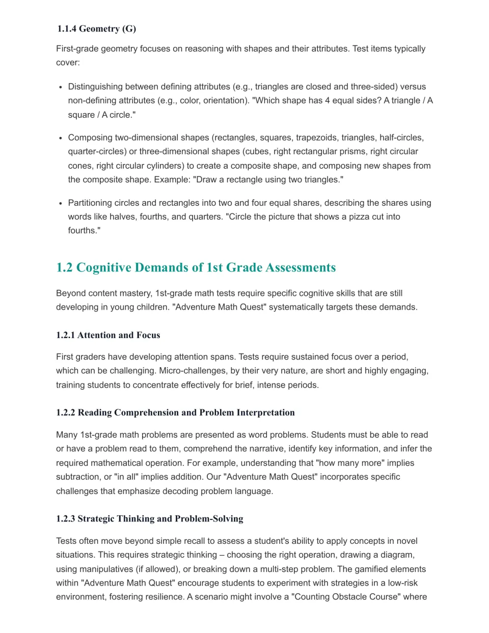 Chapter 1 guide covers shape attributes, equal shares, attention, problem interpretation, and strategies