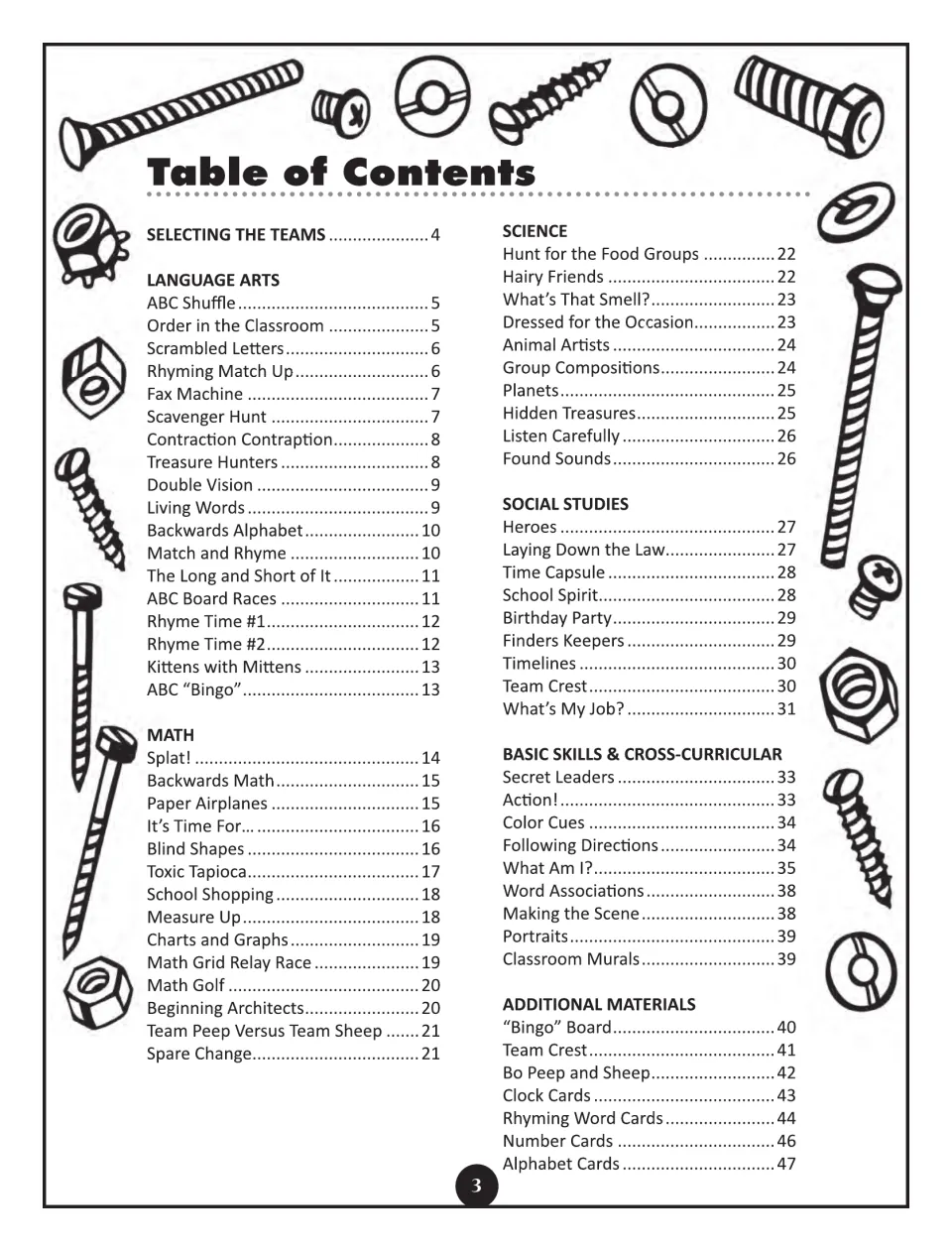 Table of contents: activities grouped under language arts, math, science, social studies and cross-curricular skills
