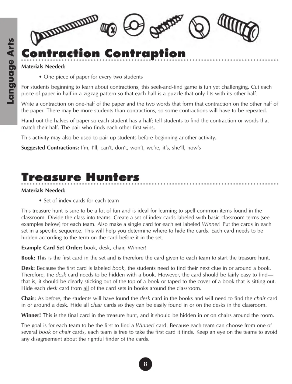 Contraction Contraption and Treasure Hunters: pairs match zigzag contraction halves; teams follow word-card clues