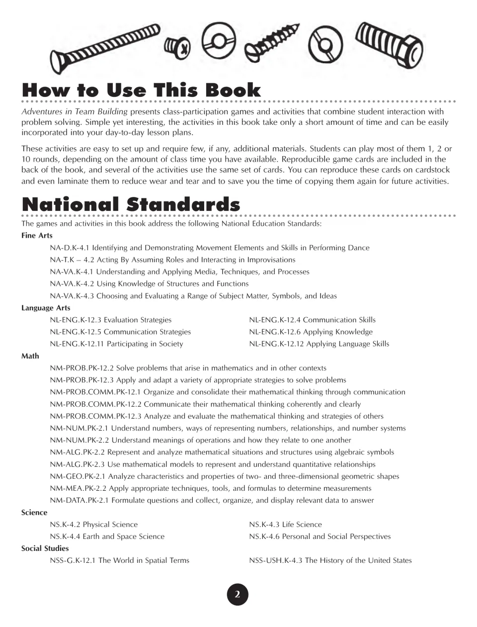 How to Use This Book overview of quick class games and reusable game cards, followed by national standards by subject