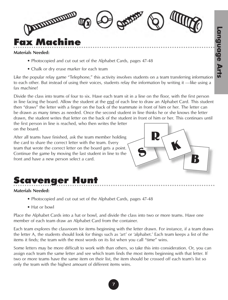 Fax Machine and Scavenger Hunt: students trace letters on teammates' backs, then hunt for items by first letter