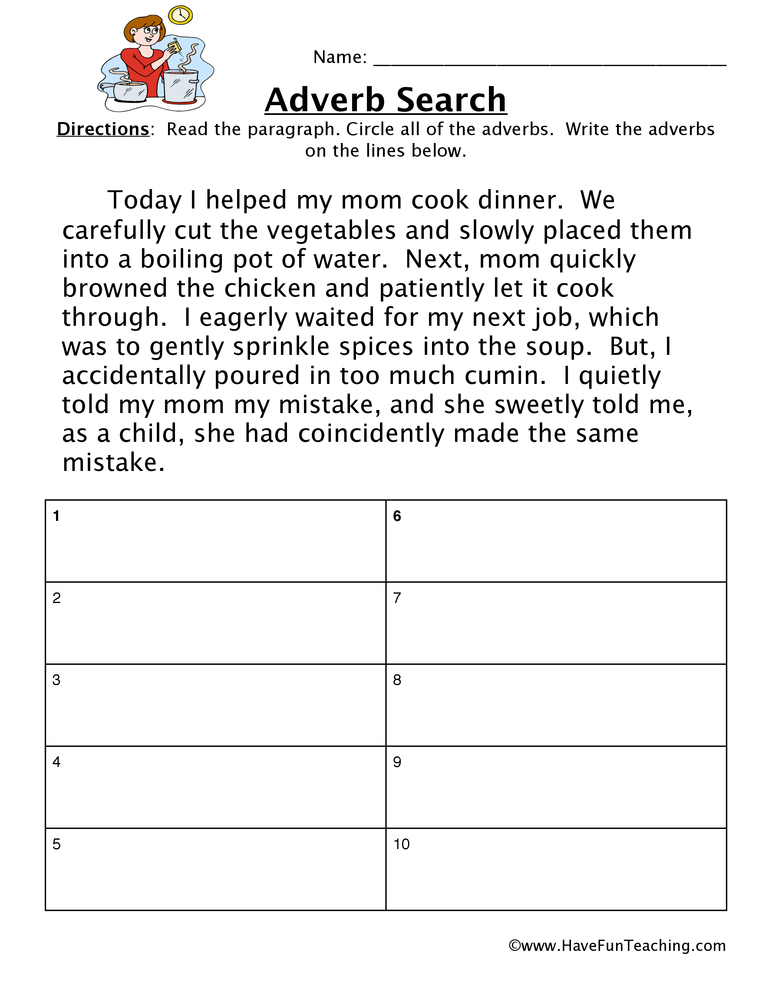Adverb Cooking Dinner Story Worksheet teaching resource preview