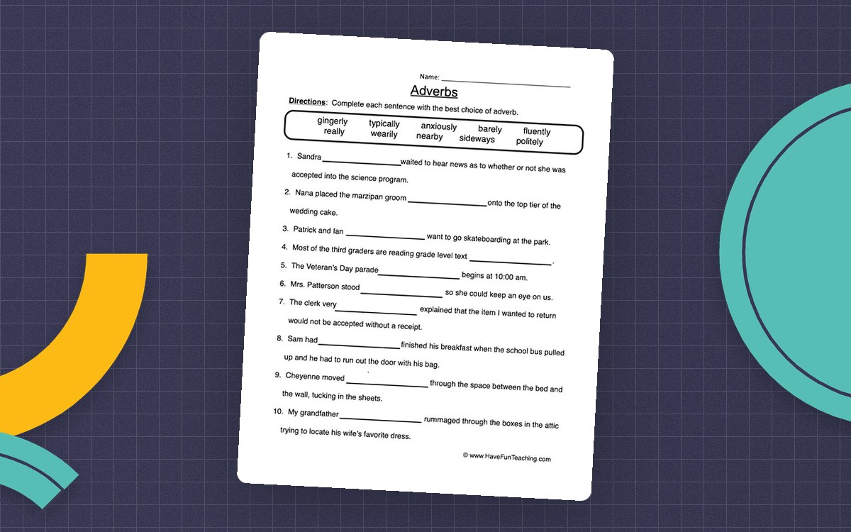 Adverb Fill in the Blanks Worksheet preview: Ten-word adverb bank