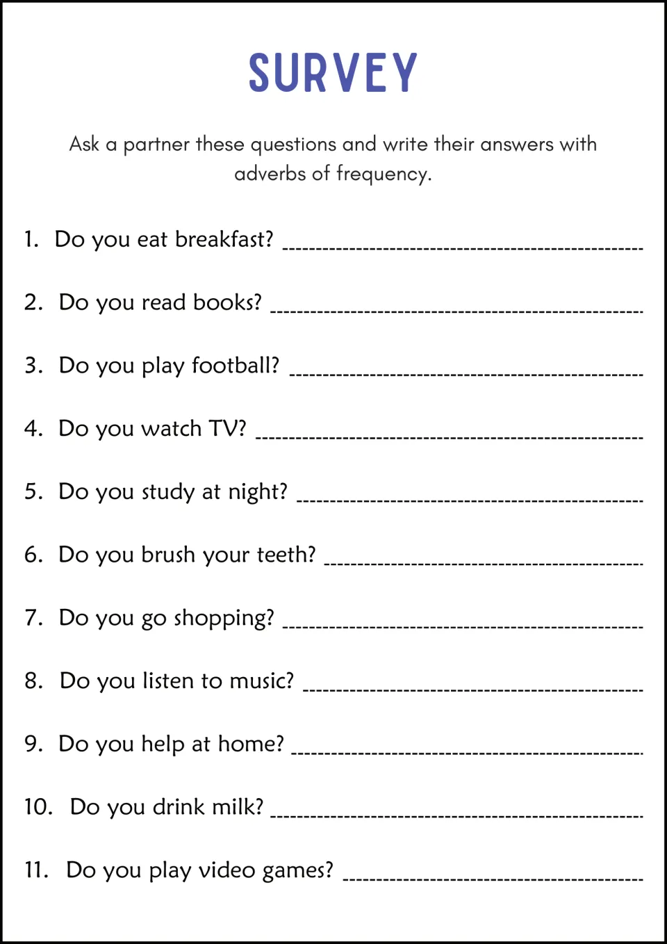 Partner survey: students ask 11 questions such as "Do you eat breakfast?" and record answers using adverbs of frequency