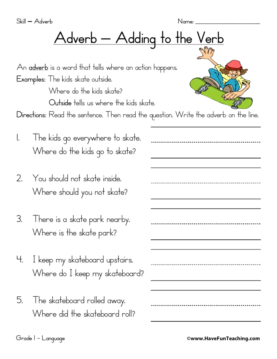 Adverb practice: five skateboarding sentences ask where, using everywhere, inside, nearby, upstairs and away.