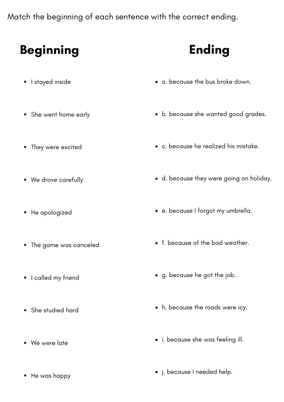 Reason clause matching: students pair 10 sentence beginnings like He apologized with endings a to j that start with because