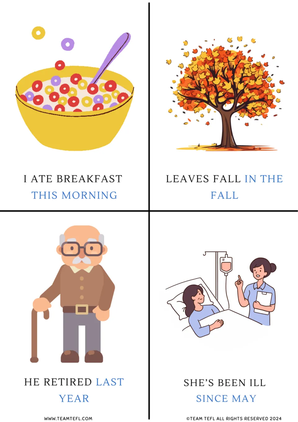 Time adverbial flashcards: this morning, in the fall, last year and since May shown in blue in four illustrated sentences