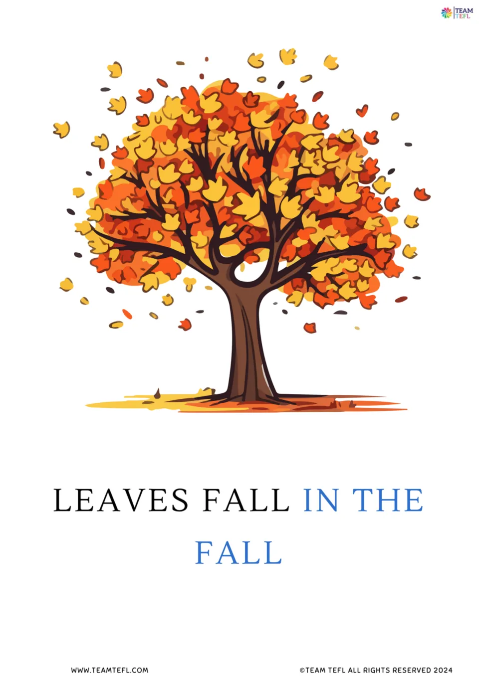 Full-size flashcard: Leaves fall in the fall, with in the fall in blue beneath a tree shedding orange and yellow leaves