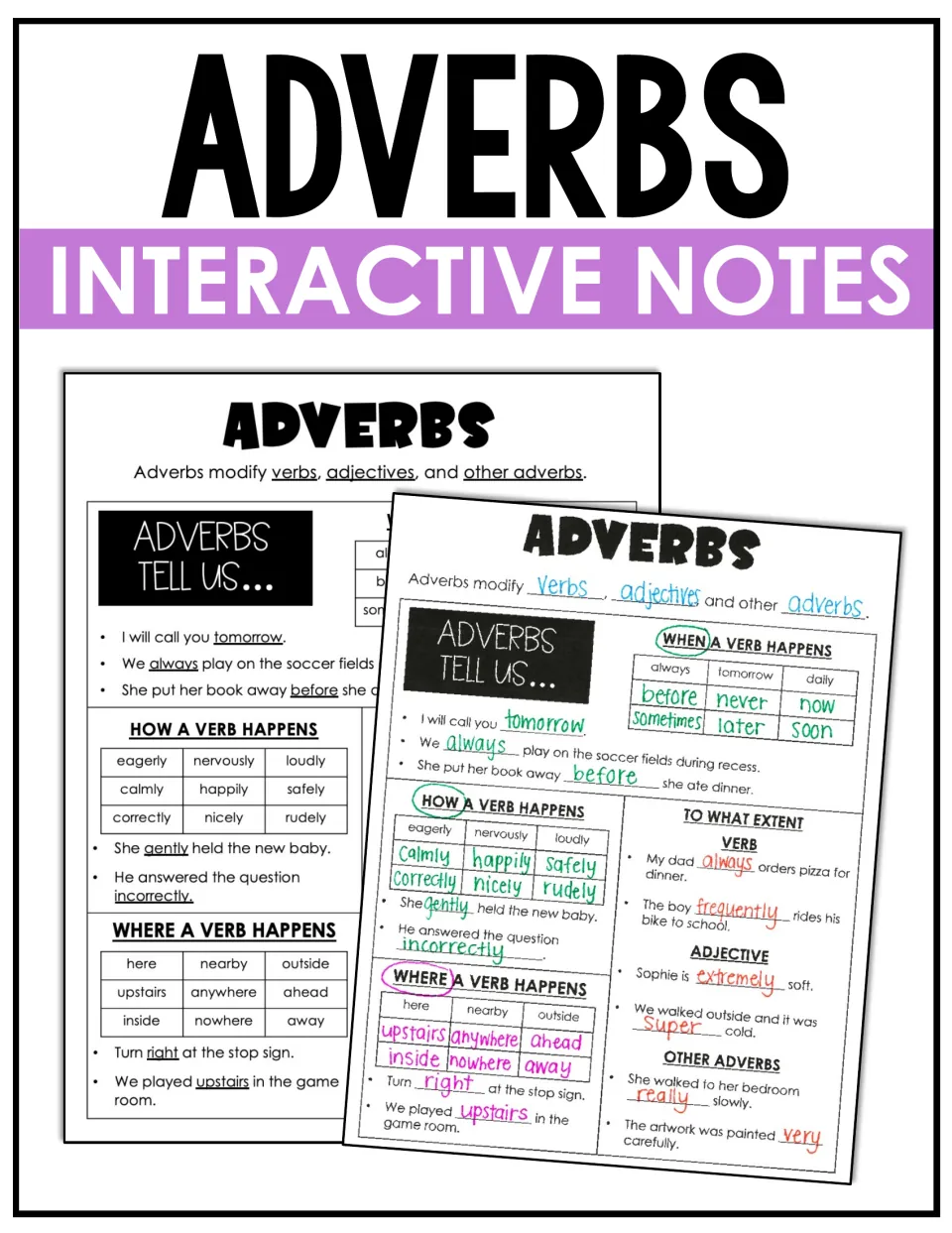 Adverbs Interactive Notes cover showing a blank adverbs notes page beside a copy filled in by hand in color