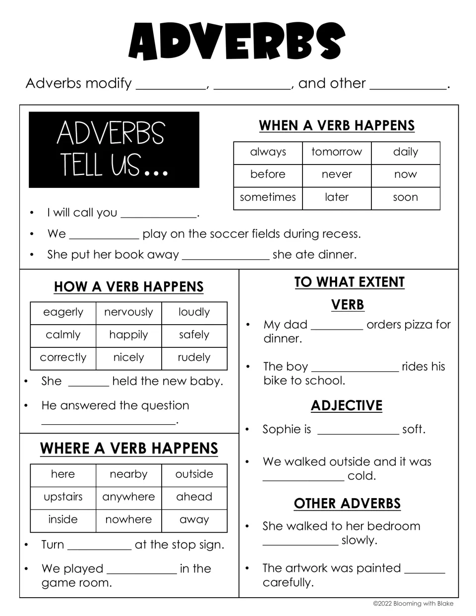 Adverbs notes: students fill in sentence blanks using full word banks of when, how and where adverbs, plus extent examples