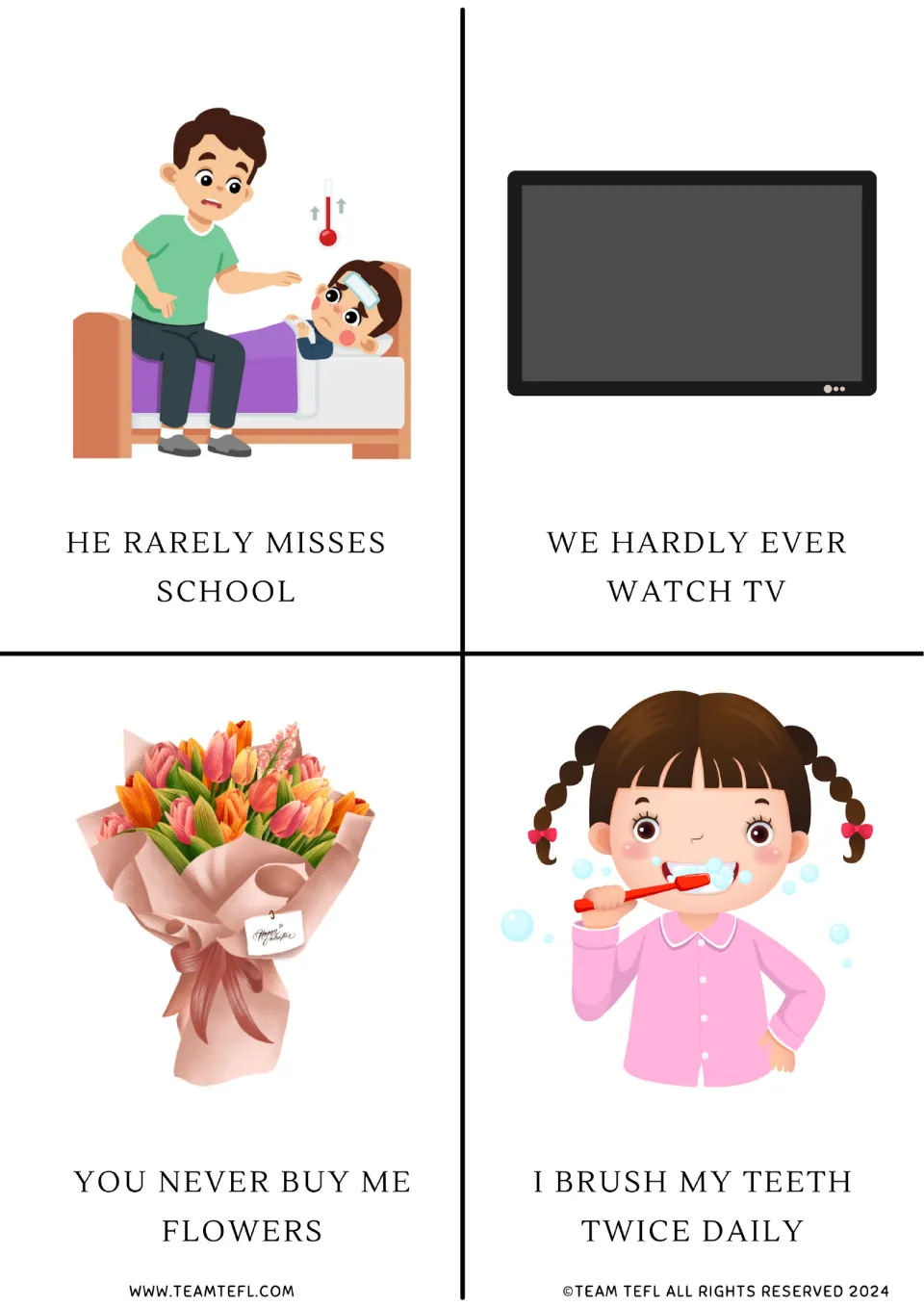 Frequency flashcards 5–8 show rarely missing school, hardly ever watching TV, never buying flowers, and twice daily.