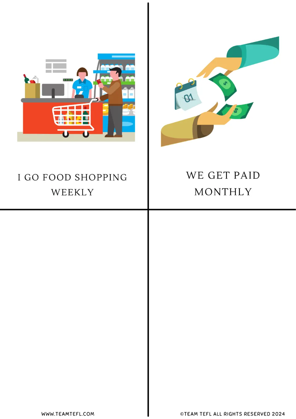 Frequency flashcards 9–10: 'I go food shopping weekly' and 'We get paid monthly,' illustrated with shopping and pay.