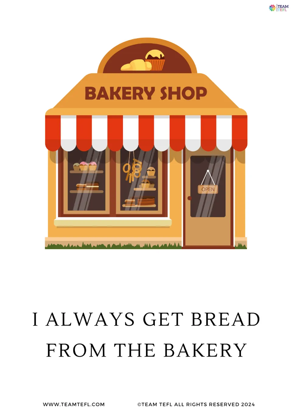Enlarged frequency flashcard 1 shows a bakery and the sentence 'I always get bread from the bakery.'